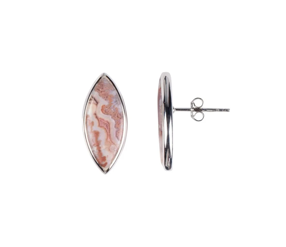 Heilsteine & Edelsteine - Ohrstecker - Lace-Achat Marquise (20 x 8mm), 2,3cm, platiniert