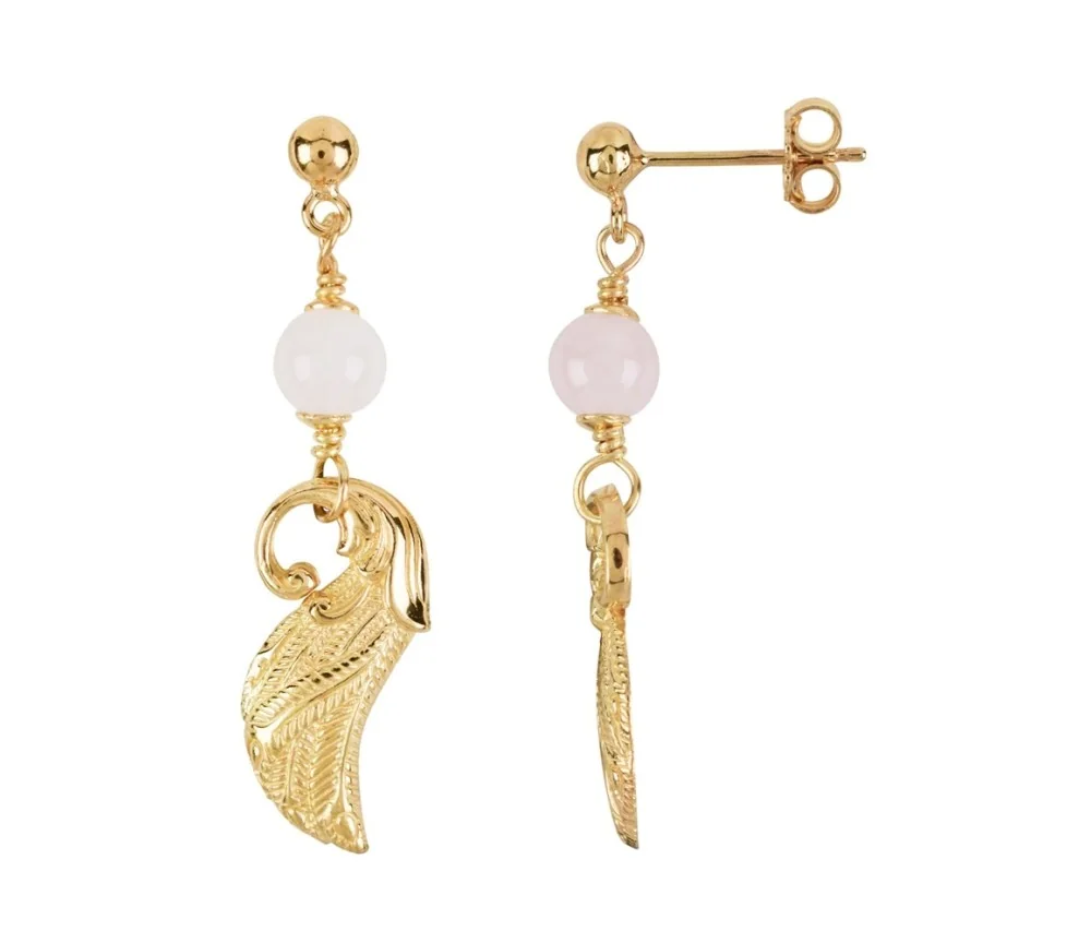 Heilsteine & Edelsteine - Ohrstecker - Rosenquarz-Kugel (6,5mm), Flügel, 4,4cm, vergoldet