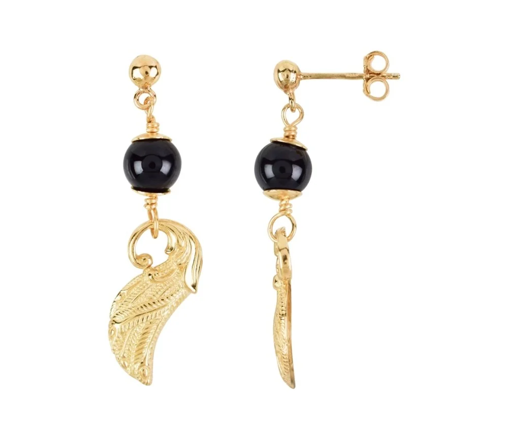 Heilsteine & Edelsteine - Ohrstecker - Schörl-Kugel (stab.), Flügel, 4,4cm, vergoldet