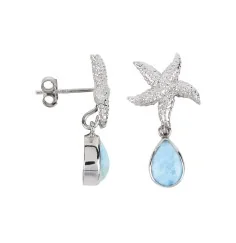 Heilsteine & Edelsteine - Ohrstecker - Larimar-Tropfen, Seestern, 3,0cm, rhodiniert