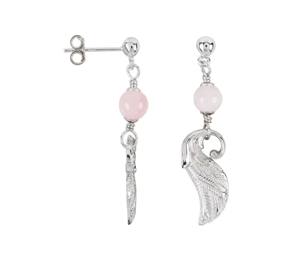 Heilsteine & Edelsteine - Ohrstecker - Rosenquarz-Kugel, Flügel, 4,4cm, rhodiniert