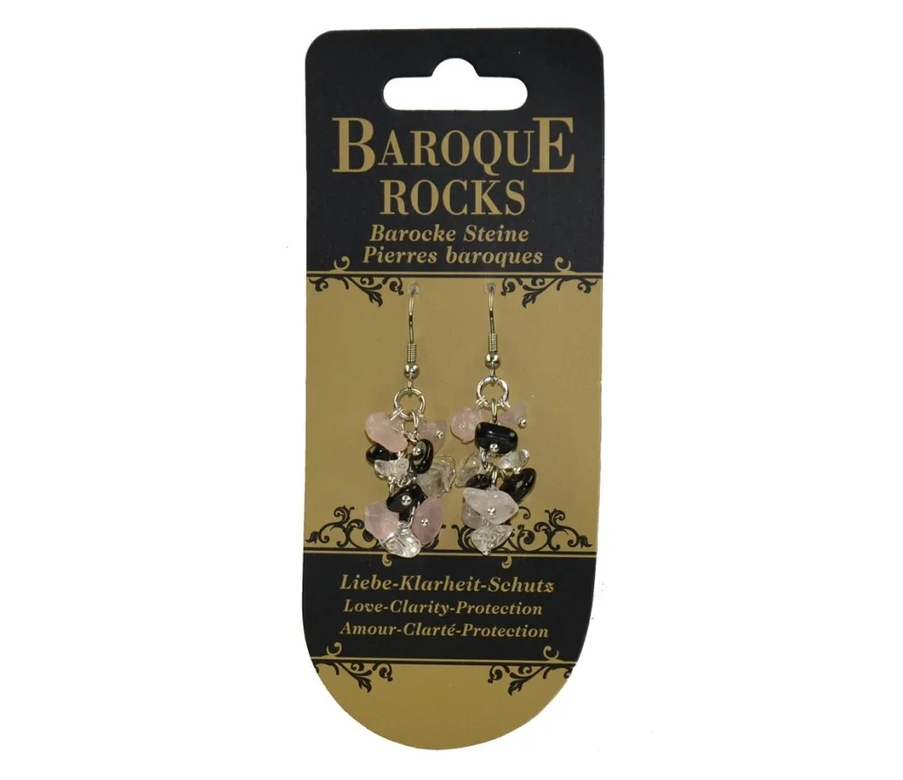 Ohrringe - Barock Kombi - Bergkristall, Rosenquarz, Schörl (stab.) - Liebe-Klarheit-Schutz