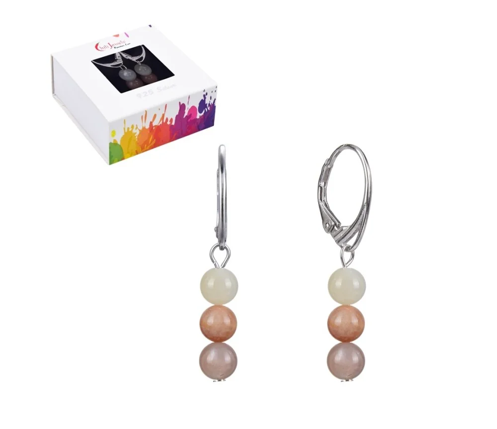 Ohrringe - Mondstein (bunt), 6mm-Kugeln, rhodiniert