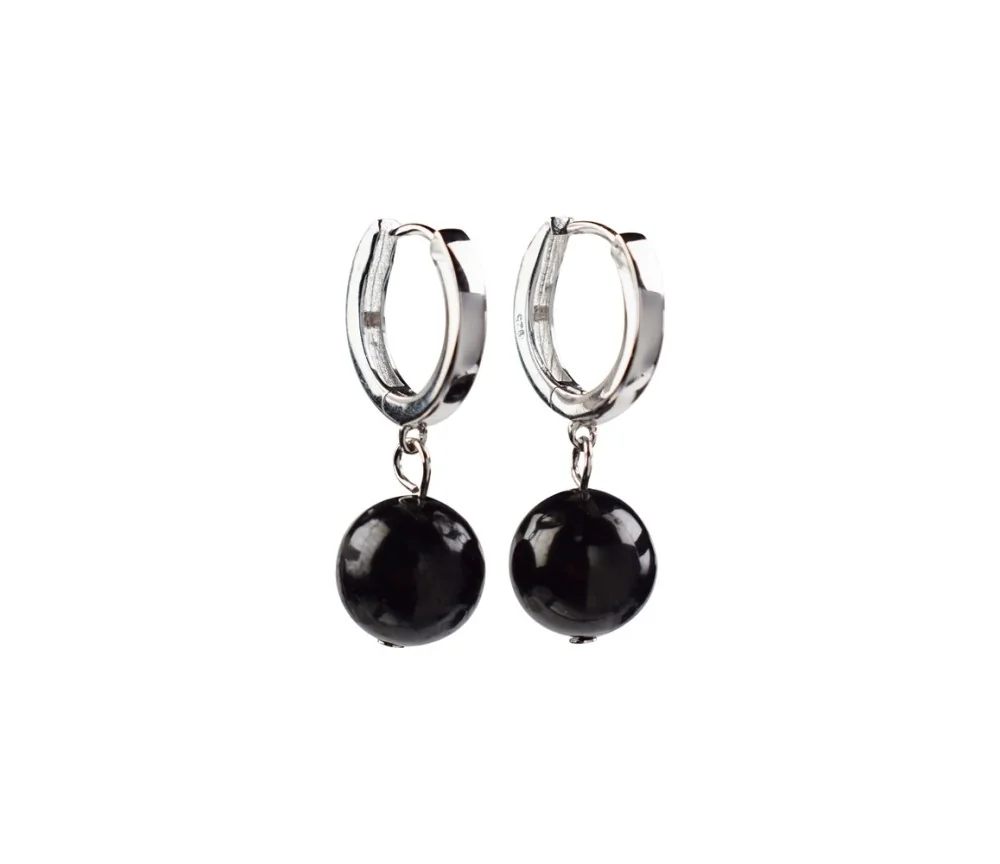 Ohrringe - Schungit (stab.) 10mm-Kugel, rhodiniert