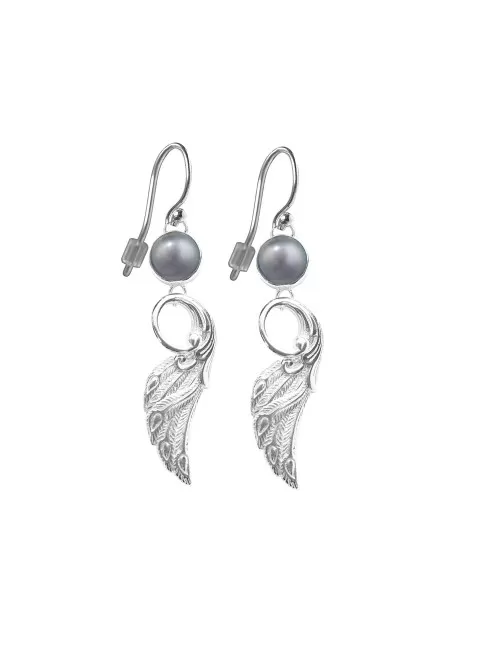 Ohrringe - Perle grau, Flügel, 3,8cm - 925 Silber