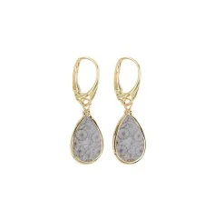 Ohrringe - versteinerte Koralle (grau) Tropfen (18 x 12mm), 4,0cm, vergoldet