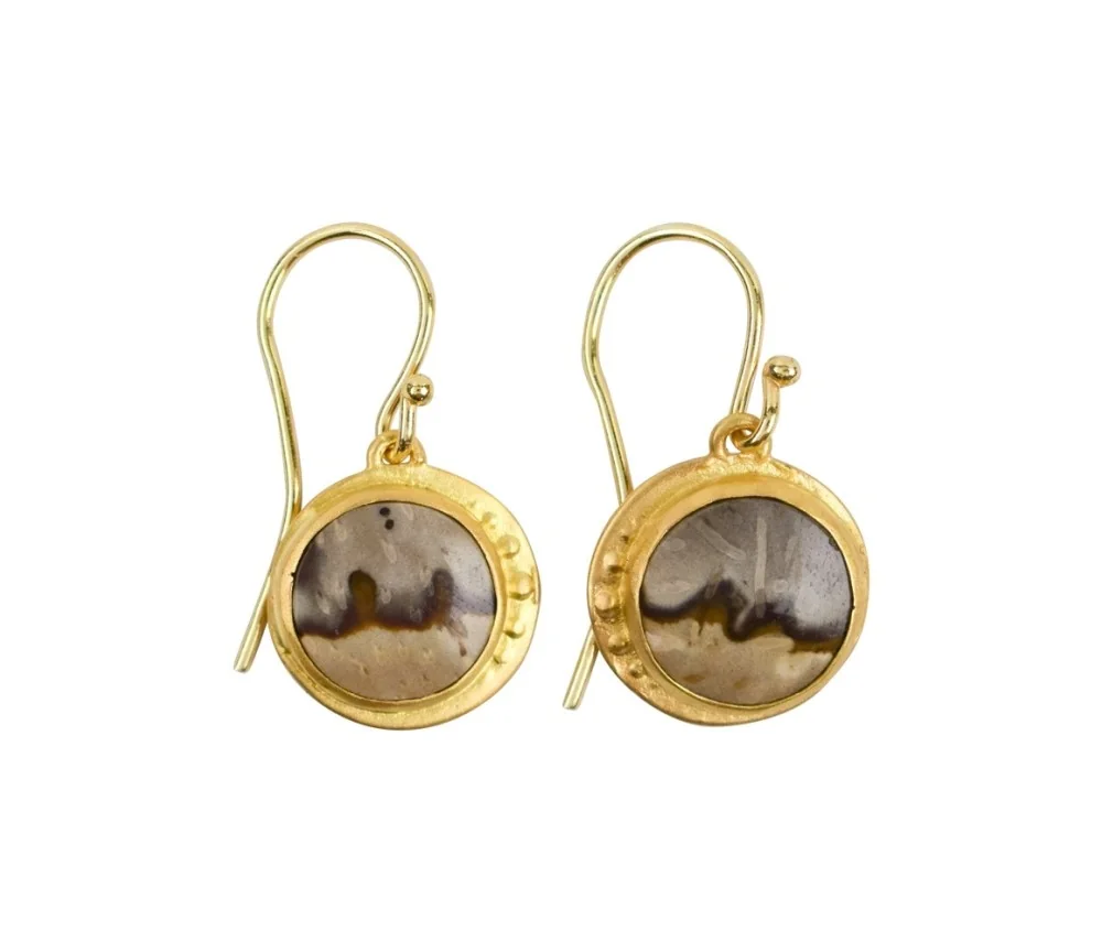 Ohrringe - versteinertes Palmholz rund, 3,4cm, vergoldet