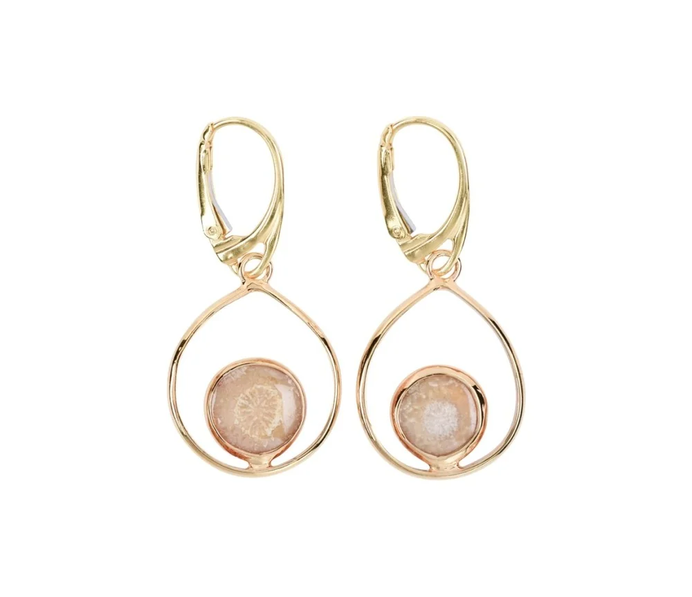 Ohrringe - versteinerte Koralle (10mm) Tropfen, 4,2cm, vergoldet