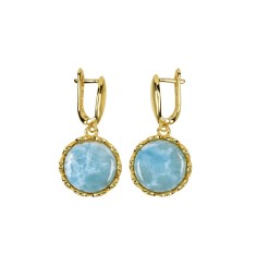 Ohrringe - Larimar rund (14mm) mit Blütenfassung, 3,6cm, vergoldet