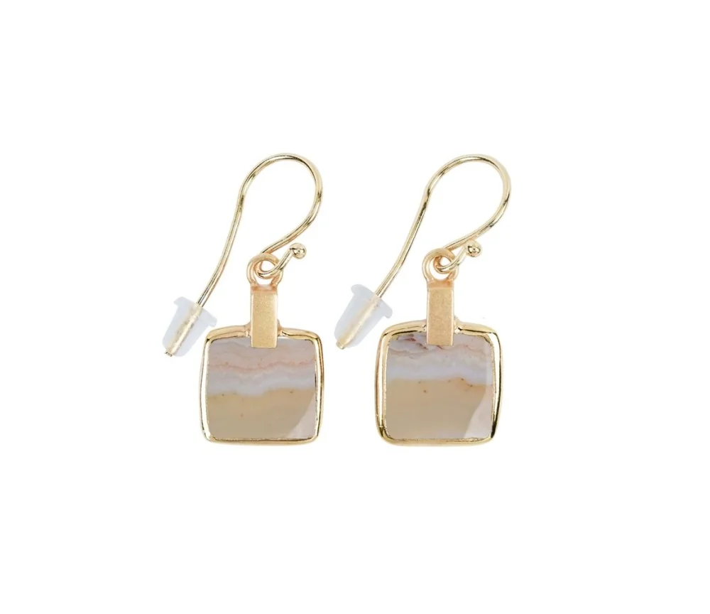 Ohrringe - Lace-Achat (hell) Quadrate, 3,6cm, vergoldet