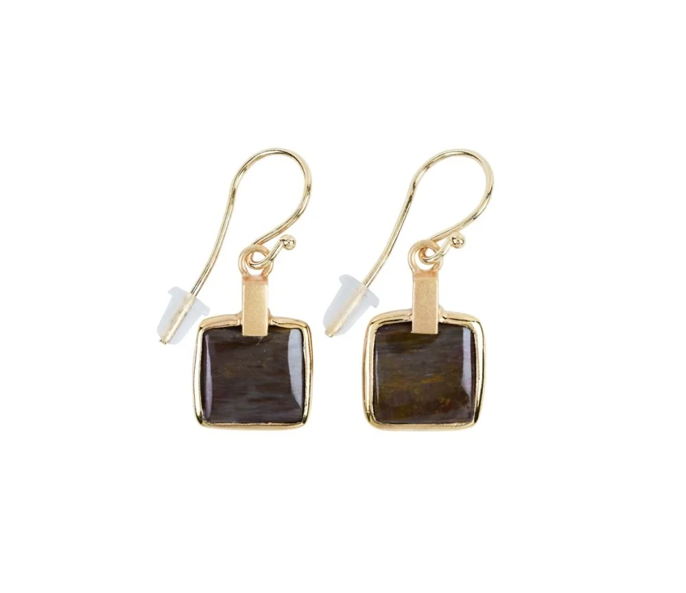 Ohrringe - versteinertes Holz Quadrate, 3,6cm, vergoldet