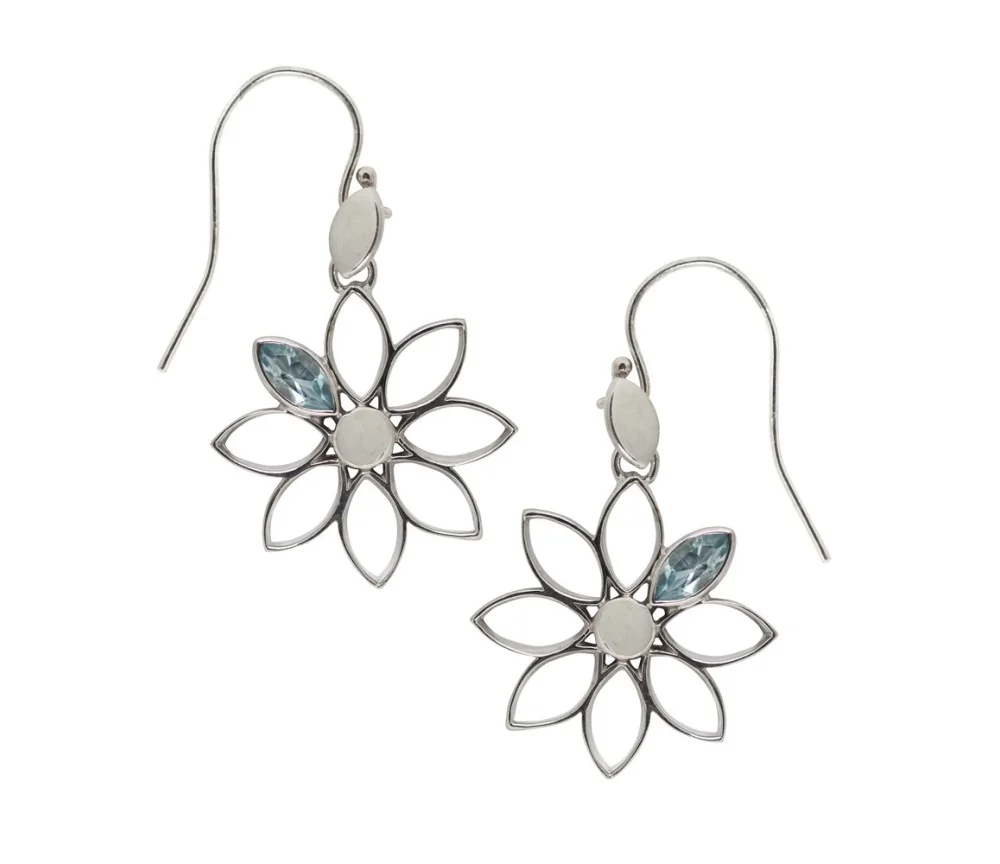 Ohrringe - Blume Topas blau, 4,3cm, rhodiniert