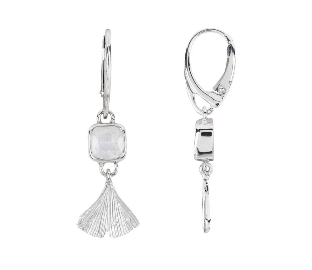 Ohrringe - Labardorit (weiß) Cussion, Ginkgo-Blatt, 4,3cm