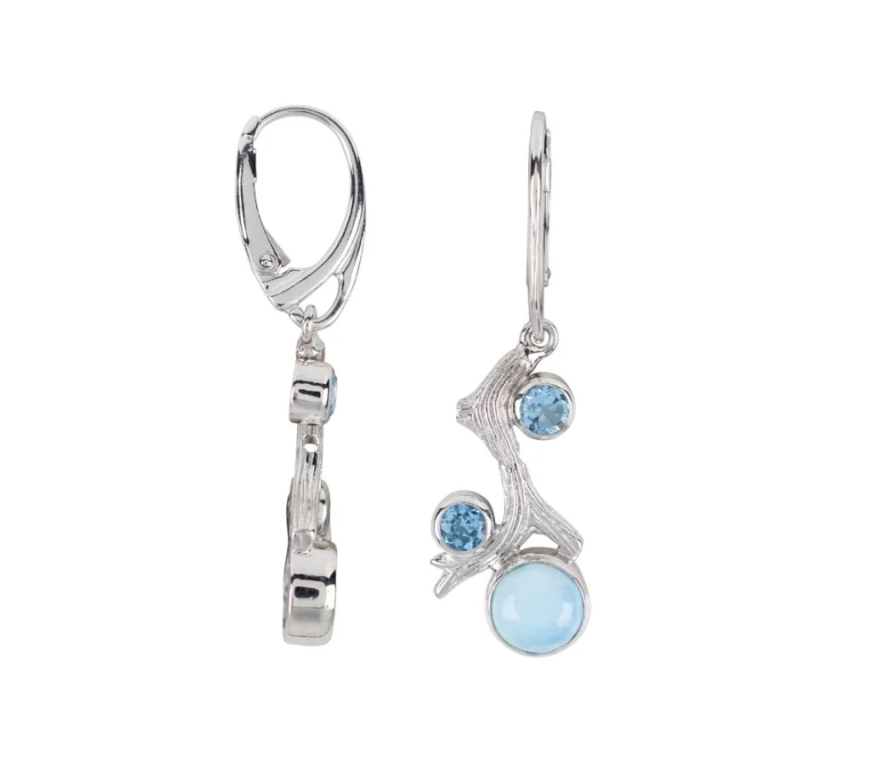 Ohrringe - Korallenast Larimar, Topas, 4,2cm, rhodiniert