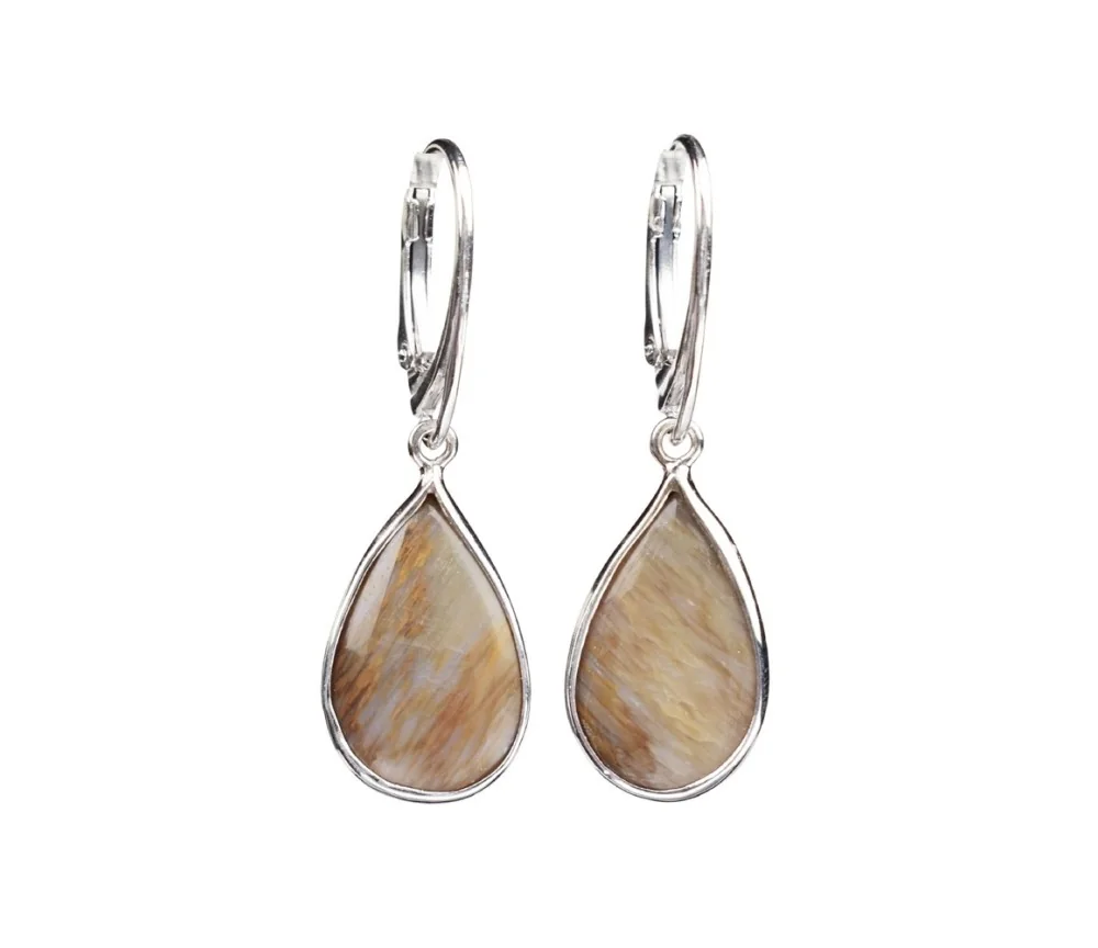 Ohrringe - versteinertes Holz Tropfen, 4,0cm, rhodiniert