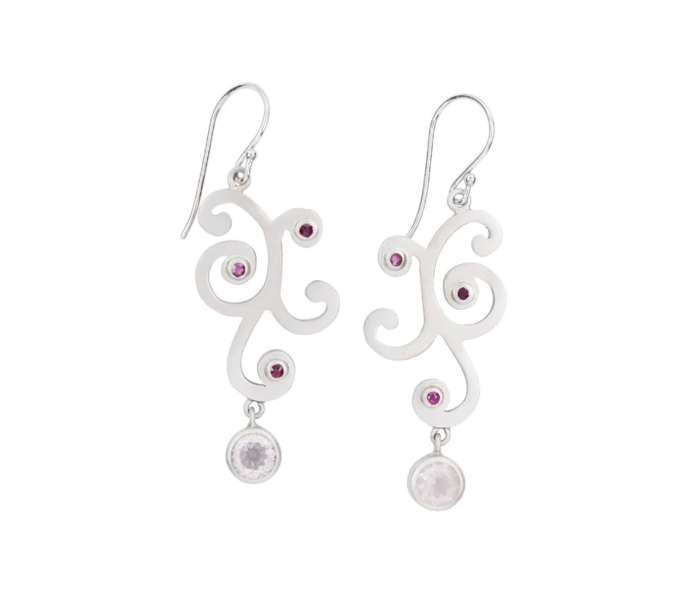 Ohrringe - Ranke, Rosenquarz, Rubin, 5,3cm, rhodiniert