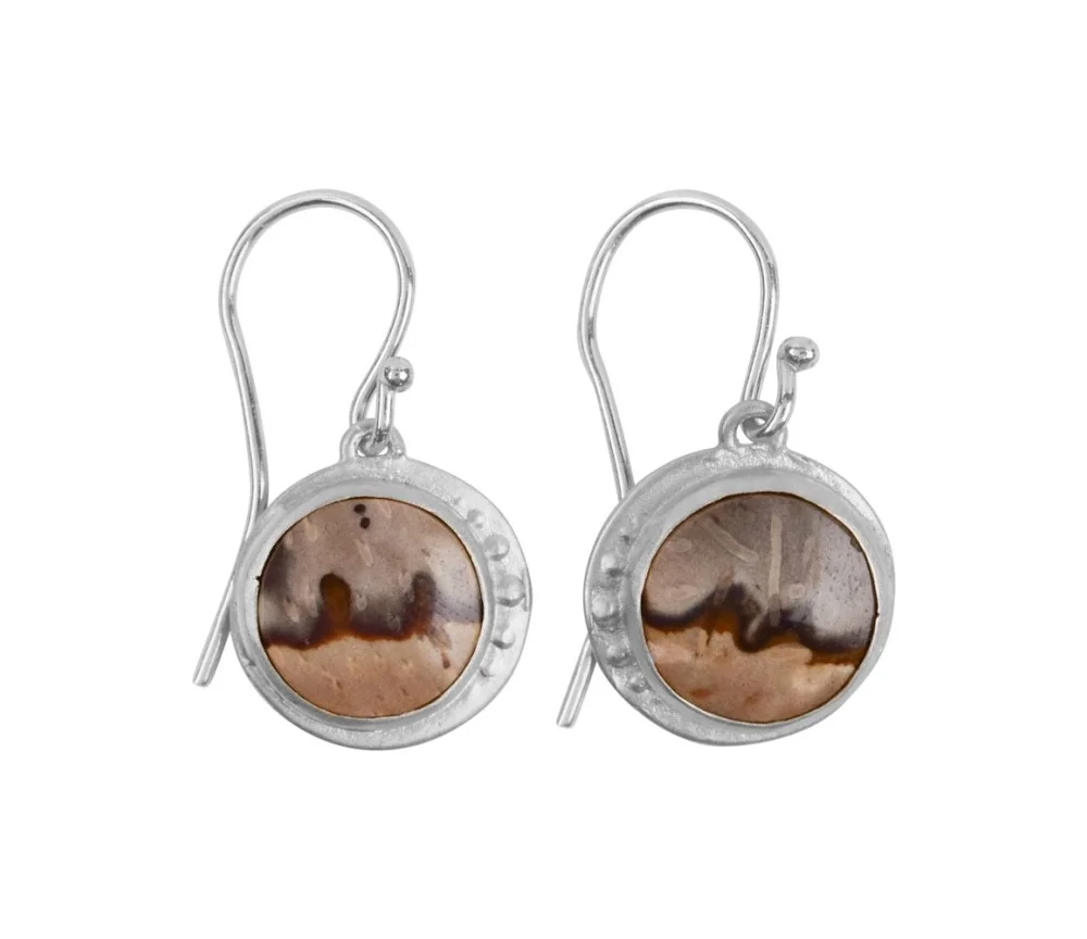 Ohrringe - versteinertes Palmholz rund, 3,4cm, rhodiniert