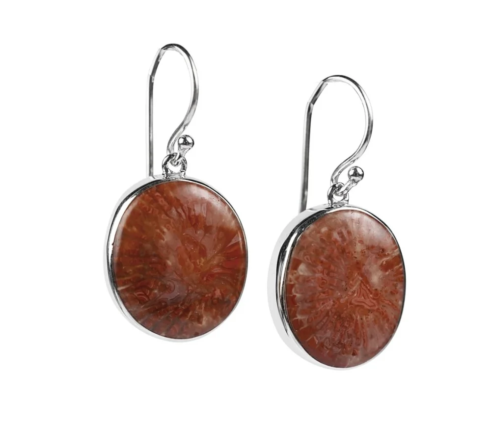 Ohrringe - Hornkoralle oval (15 x 12mm), 2,8cm, rhodiniert