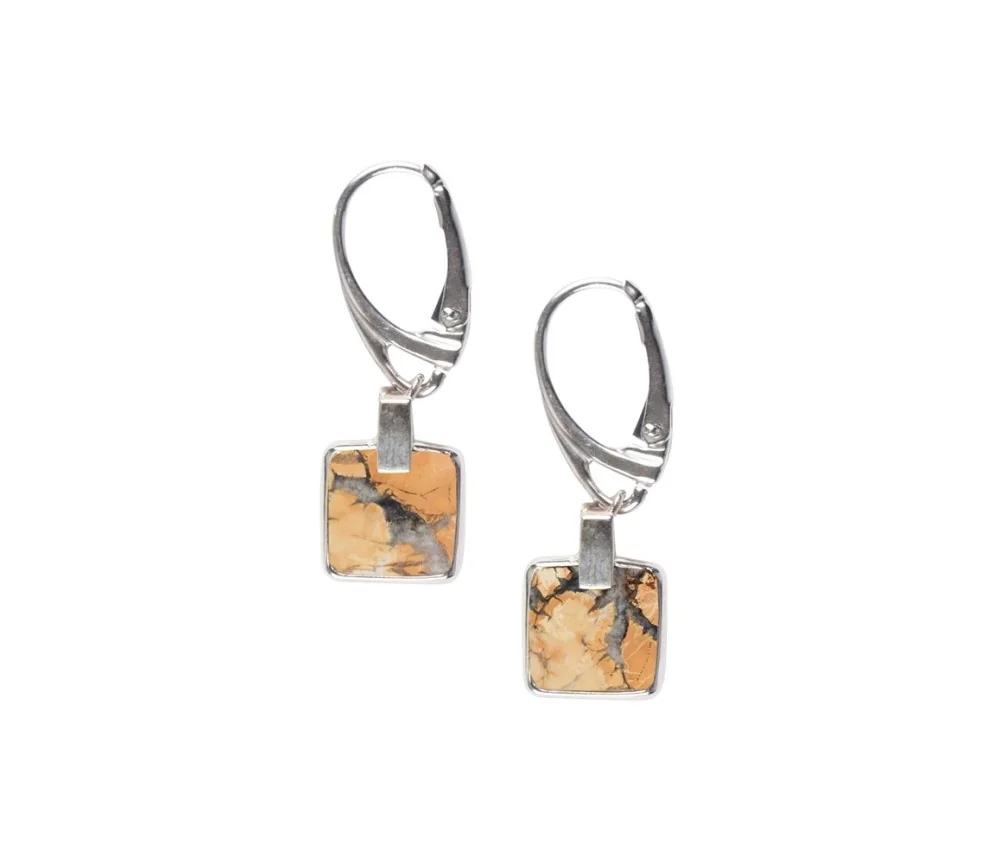 Ohrringe - Maligano-Jaspis Quadrat (10 x 10mm), 3,3cm, platiniert