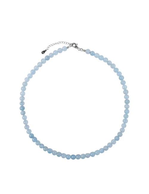 Halskette - Collier - Aquamarin mit Kugeln 6,5mm, rhodiniert inkl. Verlängerungskettchen