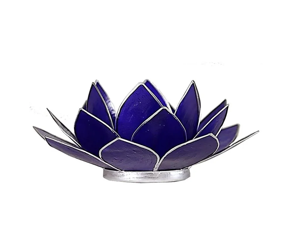 Teelichthalter - Capiz Muschel - Lotus Licht - Chakra - 6stes - Indigo mit Silber - ca. 13,5x5,5 cm