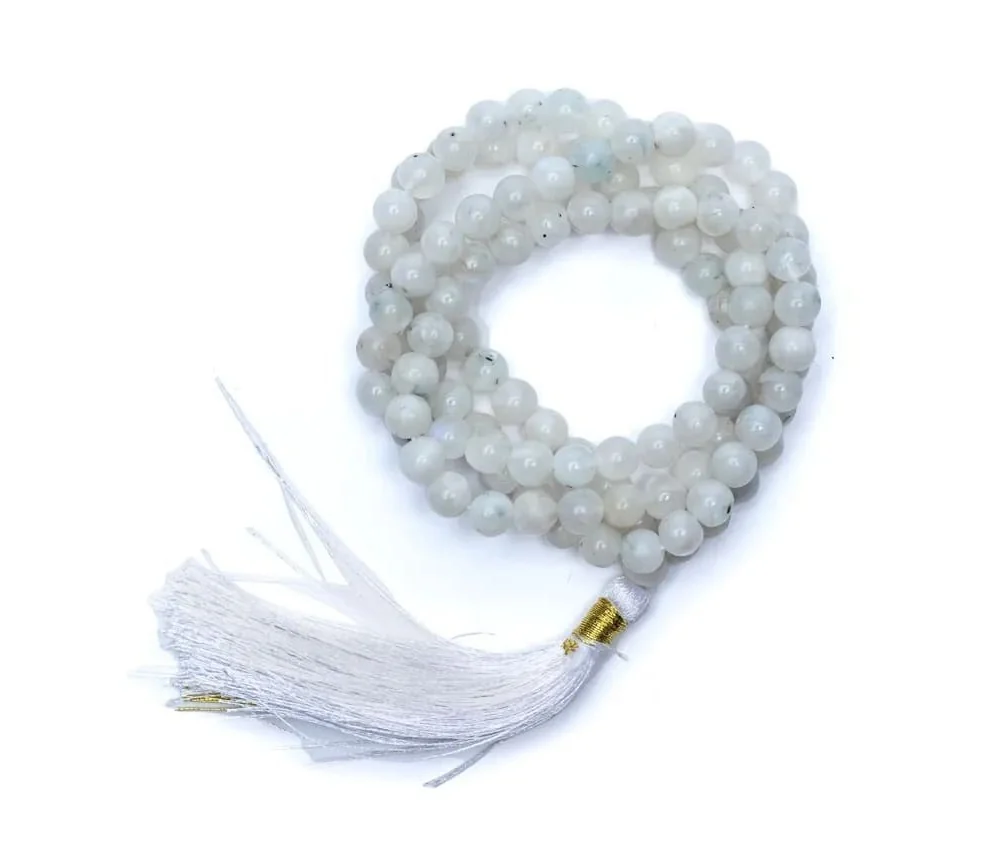 Mala - Edelstein - Mondstein in AA-Qualität - mit passender Quaste - 108 Perlen - ca. 45,5cm