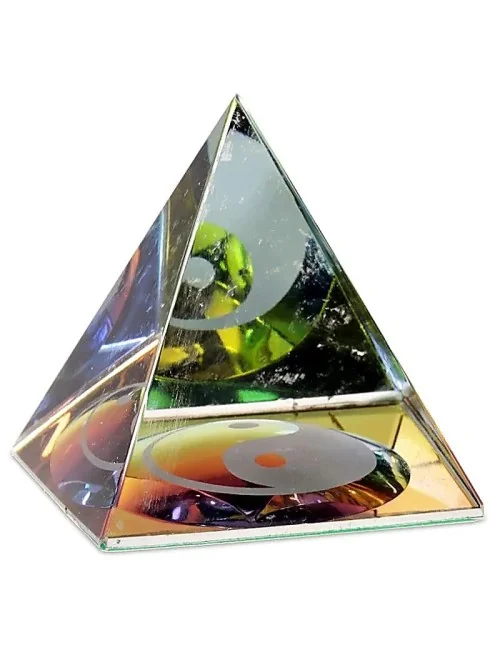 Dekoration - Kristall - Pyramide - Ying & Yang - bunter Kern - ca. 6,5x5,5x5,5cm