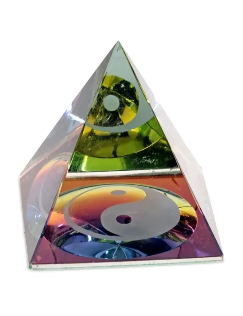 Dekoration - Kristall - Pyramide - Ying & Yang - bunter Kern - ca. 6,5x5,5x5,5cm