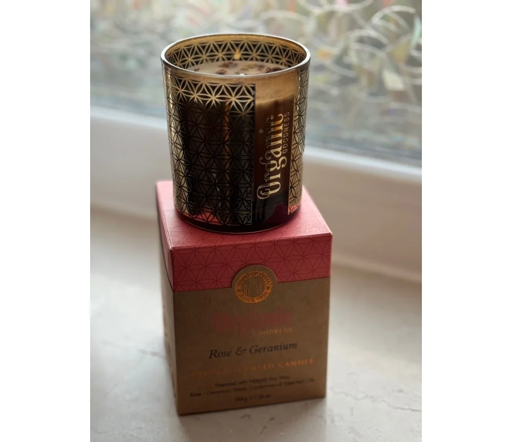 Song of India - Organic Goodness - Kerze im Glas - Rose & Geranium - mit Blume des Lebens