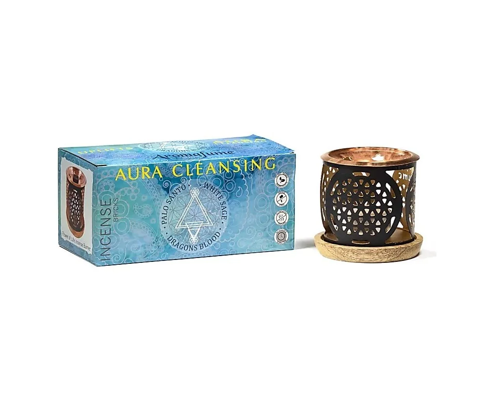 Teelichthalter - Aromafume - Aura Reinigungs Weihrauch Set - Diffusor / Ständer - Dekor: Blume des Lebens