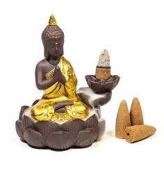 Räucher Rückfluss Gefäß - für Räucherkegel - Räucherbrunnen - Wasserfall - Buddha - Gold/Braun/Schwarz ca. 12x10x9 cm