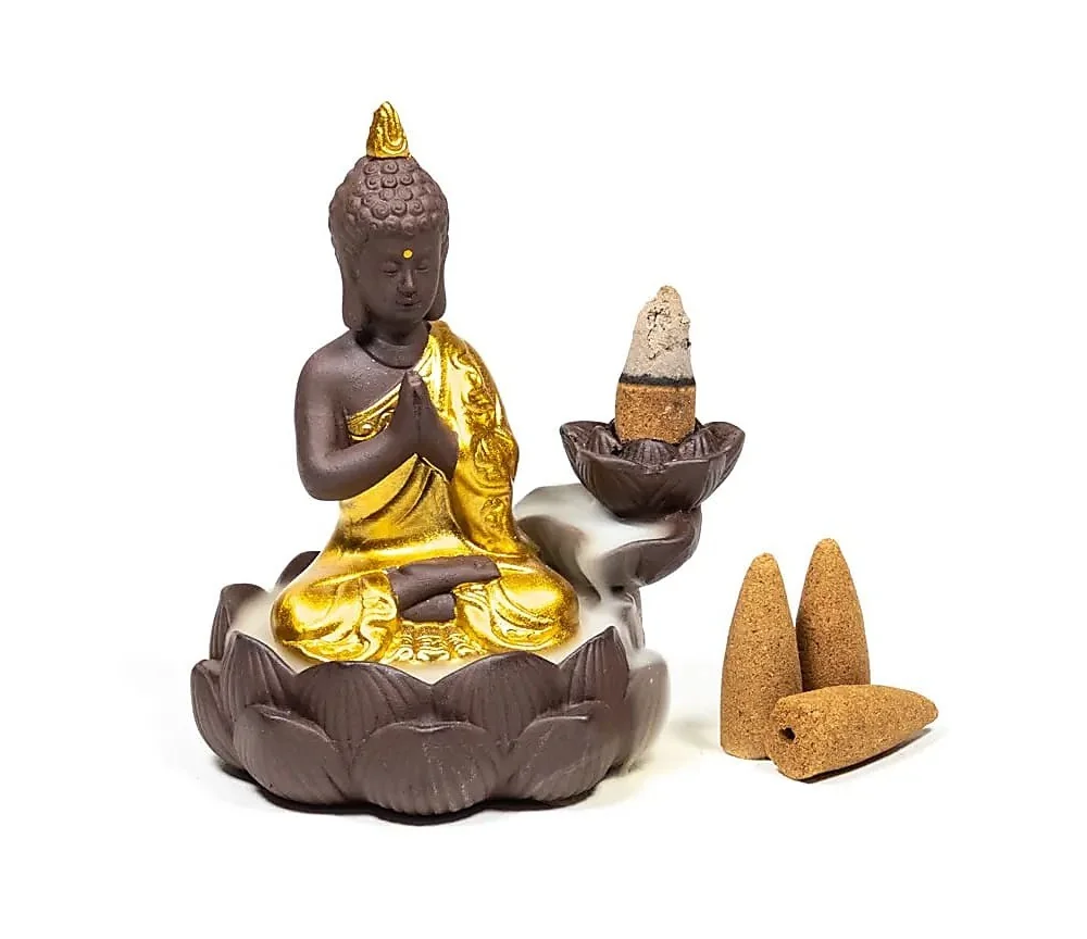 Räucher Rückfluss Gefäß - für Räucherkegel - Räucherbrunnen - Wasserfall - Buddha - Gold/Braun/Schwarz ca. 12x10x9 cm