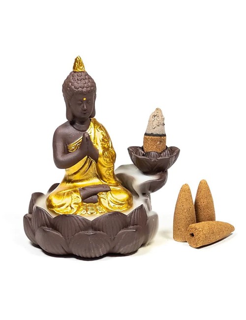 Räucher Rückfluss Gefäß - für Räucherkegel - Räucherbrunnen - Wasserfall - Buddha - Gold/Braun/Schwarz ca. 12x10x9 cm
