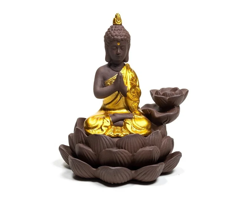Räucher Rückfluss Gefäß - für Räucherkegel - Räucherbrunnen - Wasserfall - Buddha - Gold/Braun/Schwarz ca. 12x10x9 cm