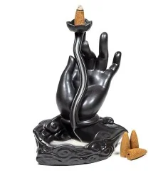 Räucher Rückfluss Gefäß - für Räucherkegel - Räucherbrunnen - Wasserfall - Lotushand- Gold/Schwarz ca. 15x8x17,5 cm