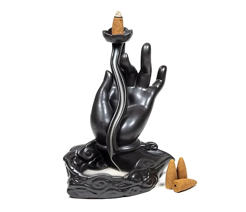 Räucher Rückfluss Gefäß - für Räucherkegel - Räucherbrunnen - Wasserfall - Lotushand- Gold/Schwarz ca. 15x8x17,5 cm
