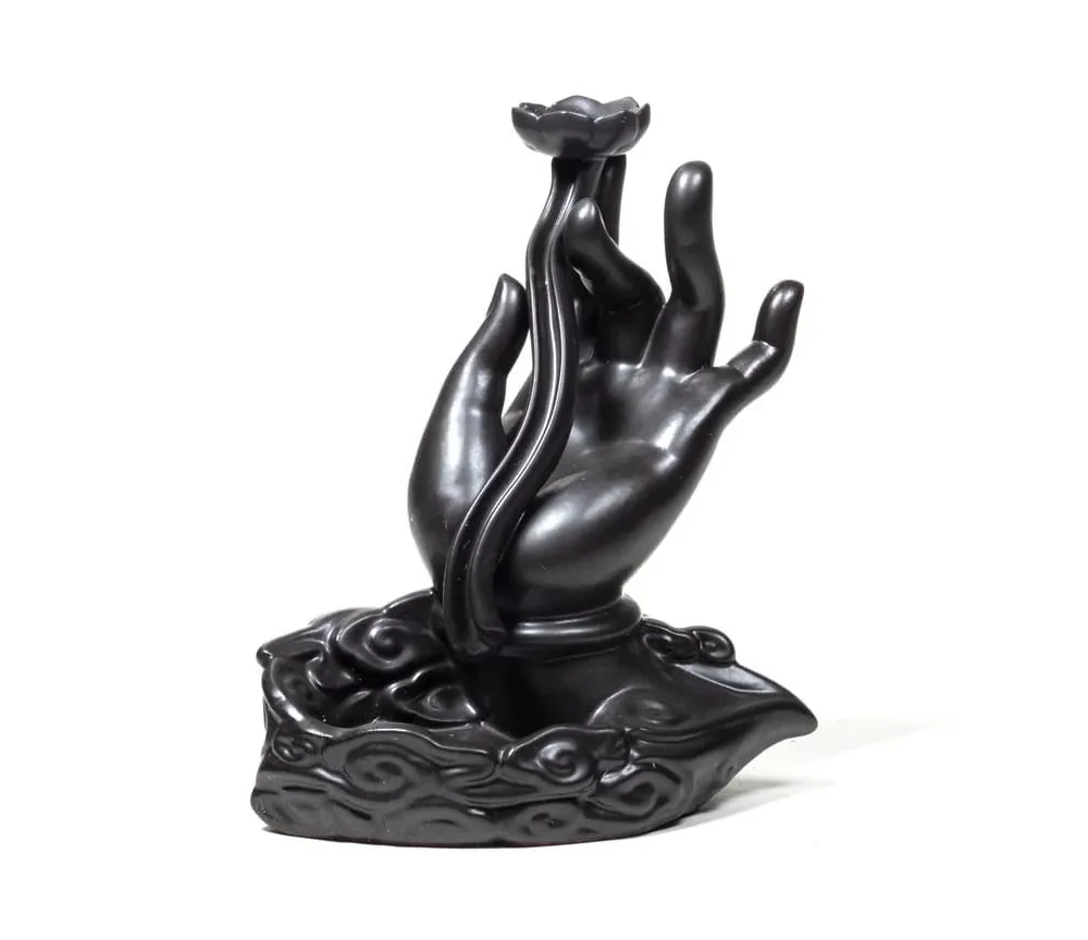 Räucher Rückfluss Gefäß - für Räucherkegel - Räucherbrunnen - Wasserfall - Lotushand- Gold/Schwarz ca. 15x8x17,5 cm