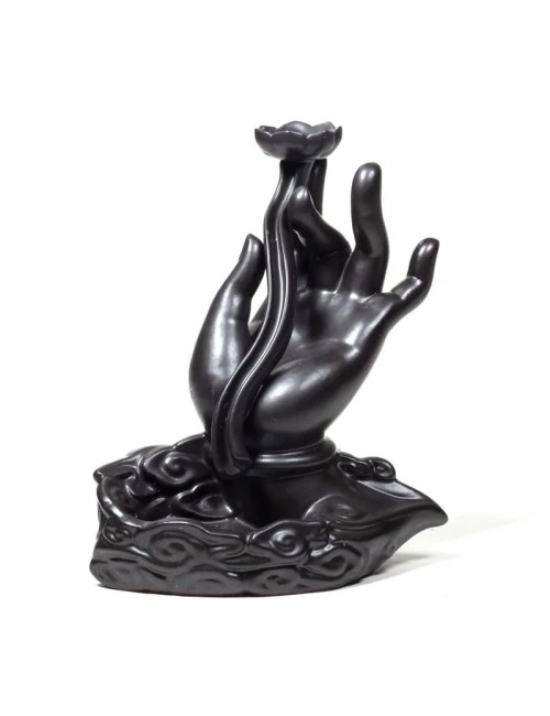 Räucher Rückfluss Gefäß - für Räucherkegel - Räucherbrunnen - Wasserfall - Lotushand- Gold/Schwarz ca. 15x8x17,5 cm