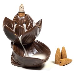 Räucher Rückfluss Gefäß -  für Räucherkegel - Räucherbrunnen - Wasserfall - Lotus- Braun ca.  11x10,5x8,5 cm
