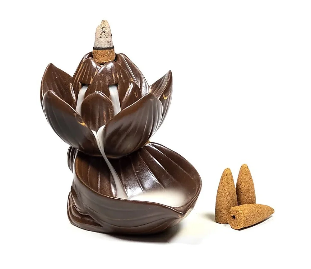 Räucher Rückfluss Gefäß - für Räucherkegel - Räucherbrunnen - Wasserfall - Lotus- Braun ca. 11x10,5x8,5 cm
