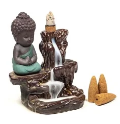 Räucher Rückfluss Gefäß - für Räucherkegel - Räucherbrunnen - Wasserfall - Kleiner Buddha - braun/türkis - ca. 12x9x7 cm