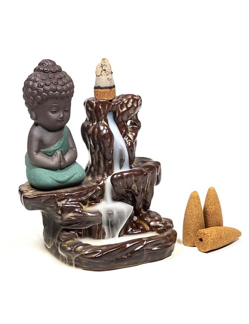 Räucher Rückfluss Gefäß - für Räucherkegel - Räucherbrunnen - Wasserfall - Kleiner Buddha - braun/türkis - ca. 12x9x7 cm