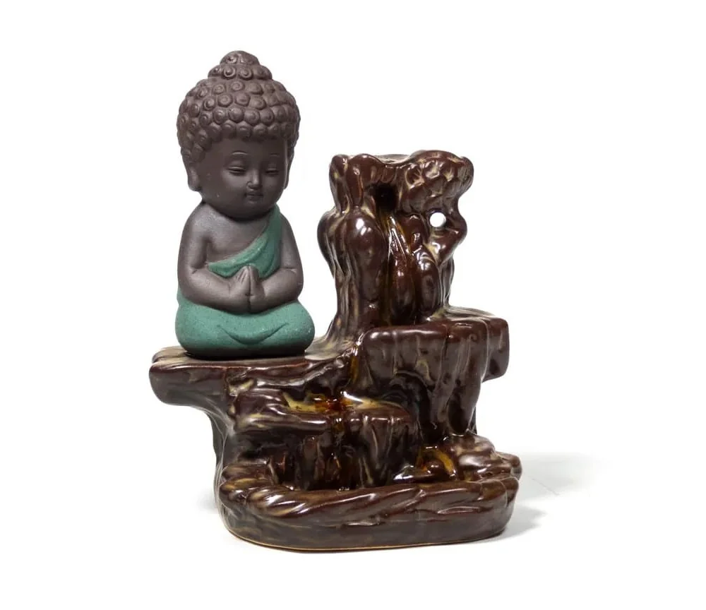 Räucher Rückfluss Gefäß - für Räucherkegel - Räucherbrunnen - Wasserfall - Kleiner Buddha - braun/türkis - ca. 12x9x7 cm