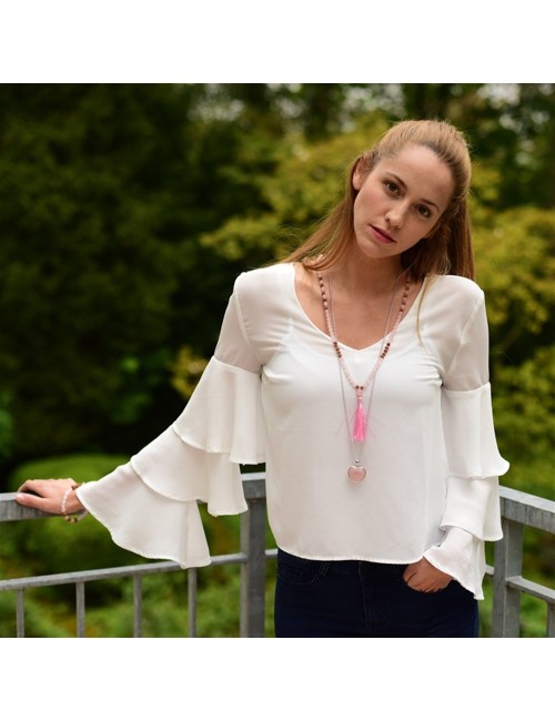 Mala - Edelsteinmala - Rosenquarz & Rudraksha-Nüsse - Liebe & Lebensfreude ca.86cm