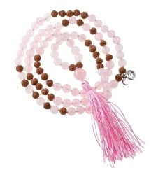 Mala - Edelsteinmala - Rosenquarz & Rudraksha-Nüsse - Liebe & Lebensfreude ca.86cm