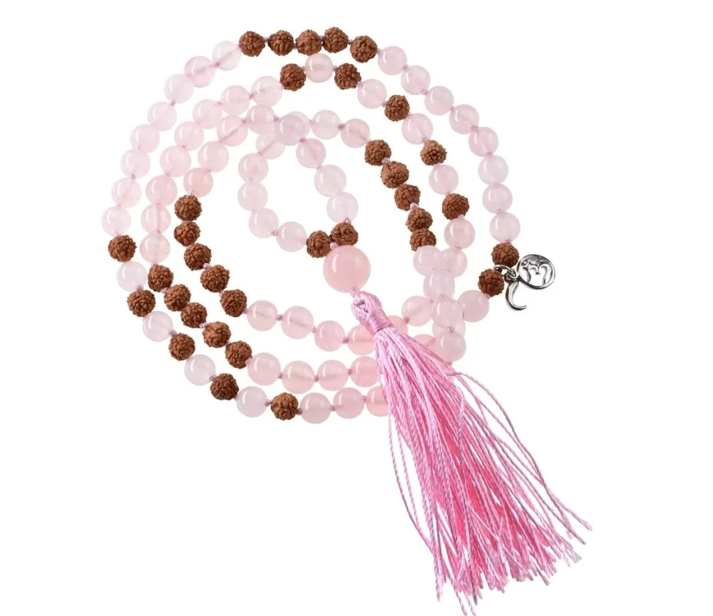 Mala - Edelsteinmala - Rosenquarz & Rudraksha-Nüsse - Liebe & Lebensfreude ca.86cm