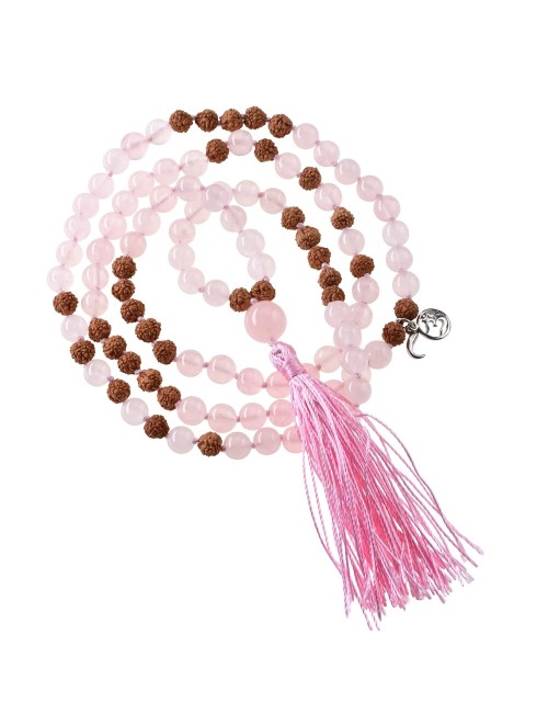 Mala - Edelsteinmala - Rosenquarz & Rudraksha-Nüsse - Liebe & Lebensfreude ca.86cm