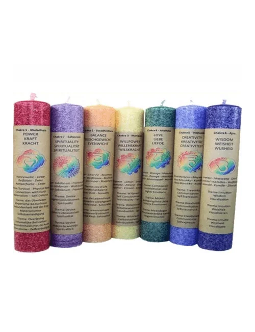 Kerze - Chakra - Stabkerze dick - Susgumna Kerze - mit Duft - 7er Pack