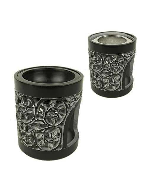 Räuchergefäß - Kombi inkl. Aromalampe & Duftlampe - Speckstein - mit Ornamenten - schwarz