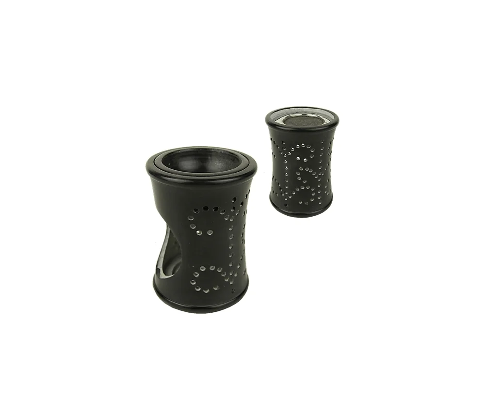 Räuchergefäß - Kombi inkl. Aromalampe & Duftlampe - Speckstein - im Punktedesign - schwarz